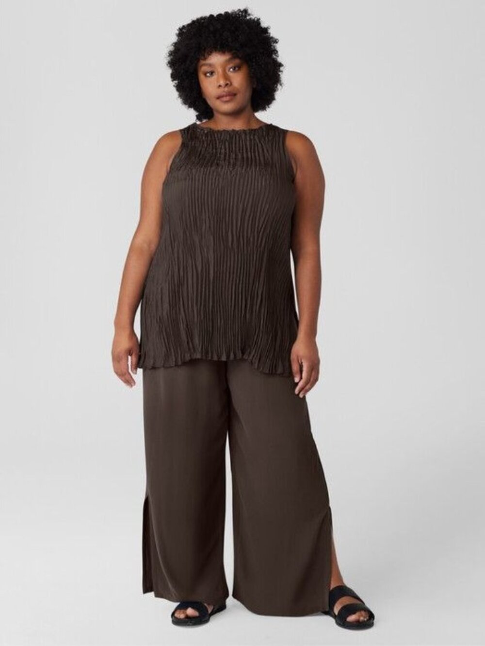 EILEEN FISHER Silk Georgette Crepe Pant with Slits Sz XL Espresso